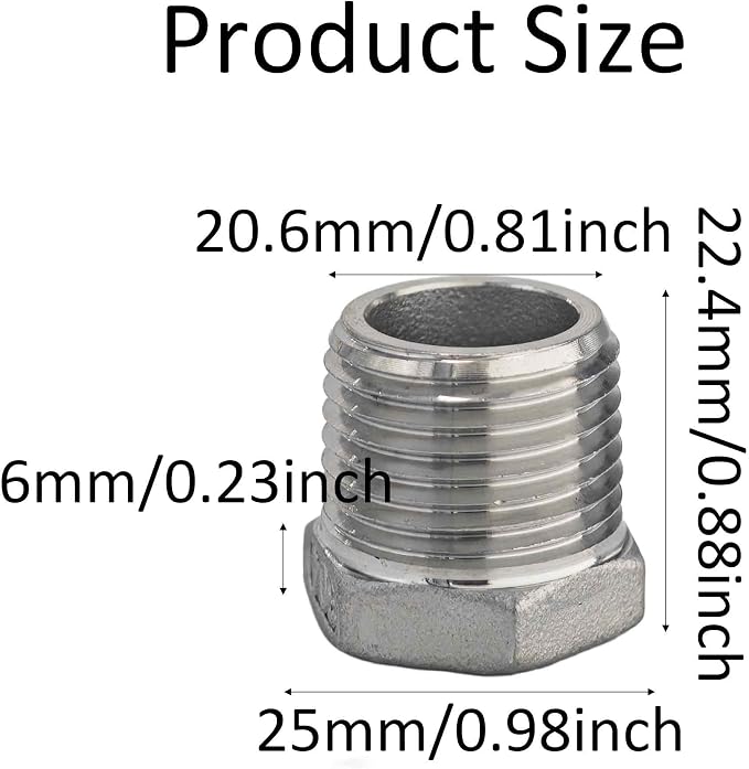 304 Stainless Steel Reducer Hex Bushing, 1/2" NPT Male to 3/8" NPT Female - Image 2