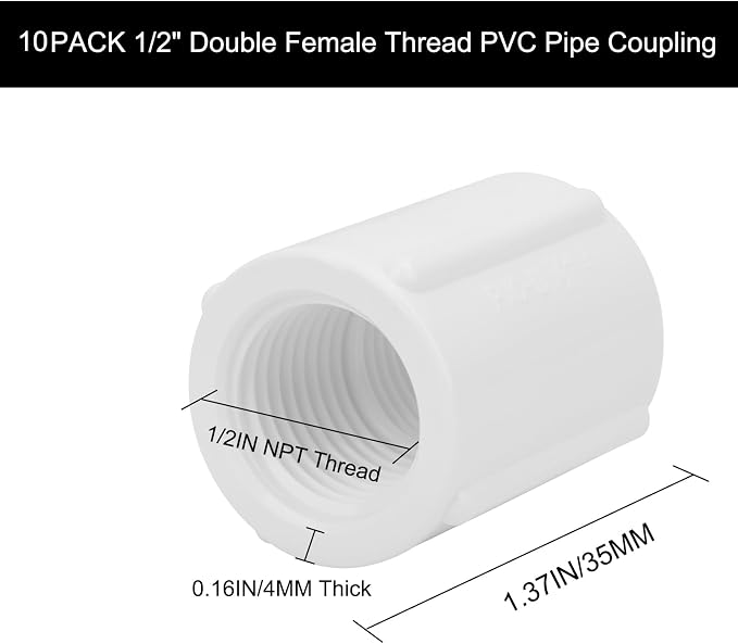 10Pack 1/2" Double Female Thread PVC Pipe Coupling Adapter Pipe Fitting - Image 2