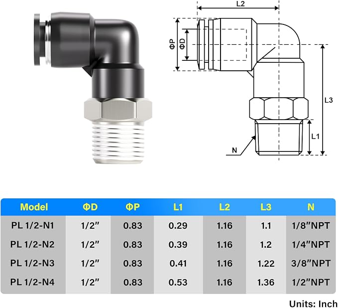 TAILONZ 1/2" x 1/2" NPT Push to Connect Elbow Fitting 20pcs | Copper&Plastic - Image 2
