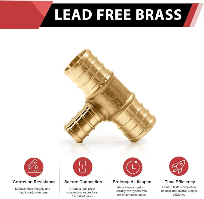 25PC EFIELD Barb Pex 3/4" x 3/4" x 1/2" Reducing Tee Brass Crimp Fittings | - Image 3