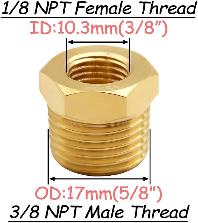 Uenede Brass 3/8" NPT Male to 1/8" NPT Female Reducer Bushing - Image 2
