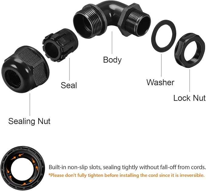 M16 Cable Gland, 90 Degree Adjustable 6-10mm Strain Relief, Cord Connectors - Image 4