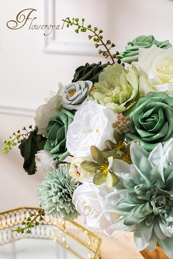 Artificial Flowers Combo Green Flowers Mix Silk Flowers Dahlia Roses - Image 2