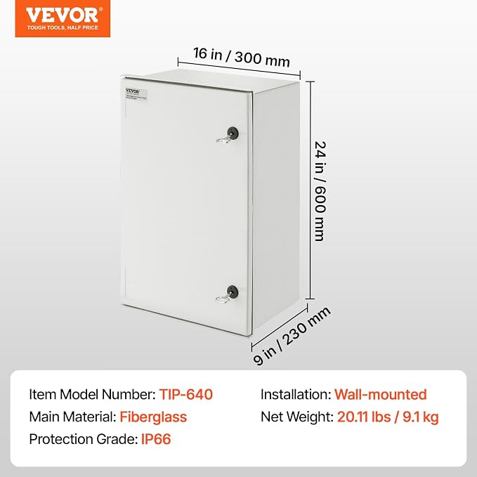 VEVOR Fiberglass Enclosure 23.6 x 15.7 x 9.1 Electrical Enclosure Box NEMA 3X - Image 7