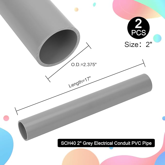 2Pcs 2 Inch Grey Electrical Conduit PVC Pipe 17" Long Sch40 PVC Rigid Tube - Image 3