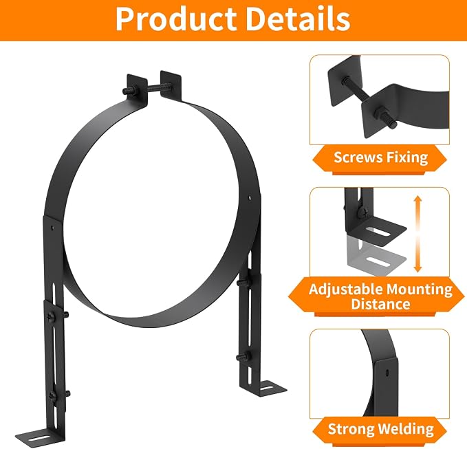 8 Inch Chimney Pipe Support Bracket, Adjustable Vent Wall Strap, Stainless - Image 4