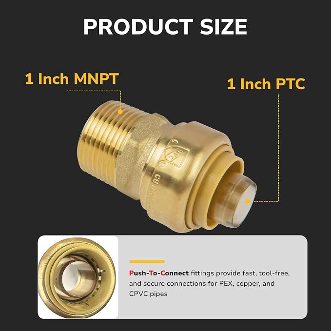 1" PTC to 1" NPT Male Adapter Push-Fit, Push to Connect Brass Plumbing Fitting - Image 2