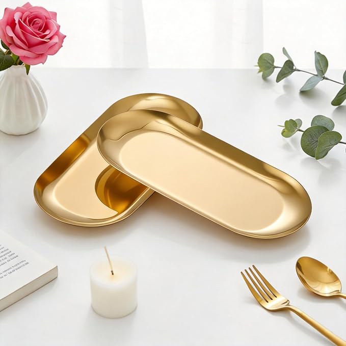 Vaincre 2PCS 7" Gold Stainless Steel Oval Jewelry Tray Ring Holder Dish | Small - Image 3