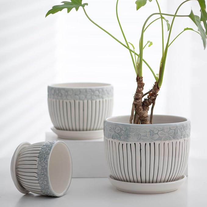 Gray Flower Pots, Texture Ceramic Plant Pots - Image 7