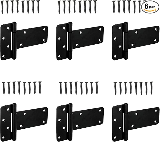 6 Pack 6” Heavy Duty Gate Hinges, 280 Lbs Capacity Black Door Hinges | T Gate by Pubotlu
