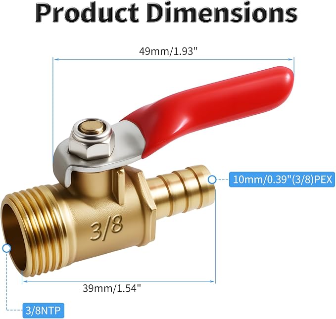 2 Pcs Brass Ball Valve, 10mm x 3/8 Inch, Male NPT | Full Port Shut Off Valve - Image 2