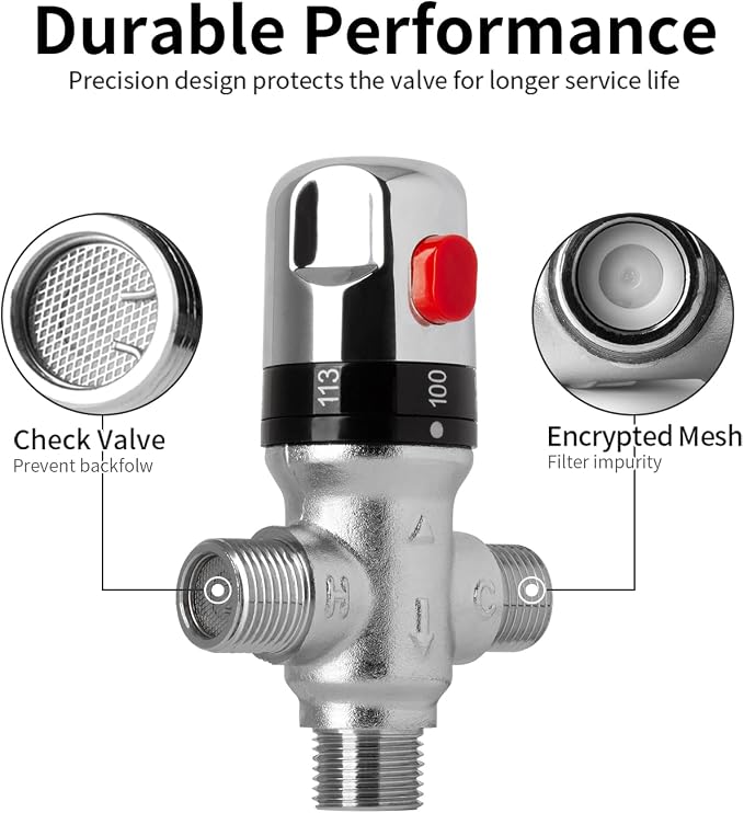 Thermostatic Mixing Valve with 1/2" NPT Thread, Chrome Plated Brass Temperature - Image 4