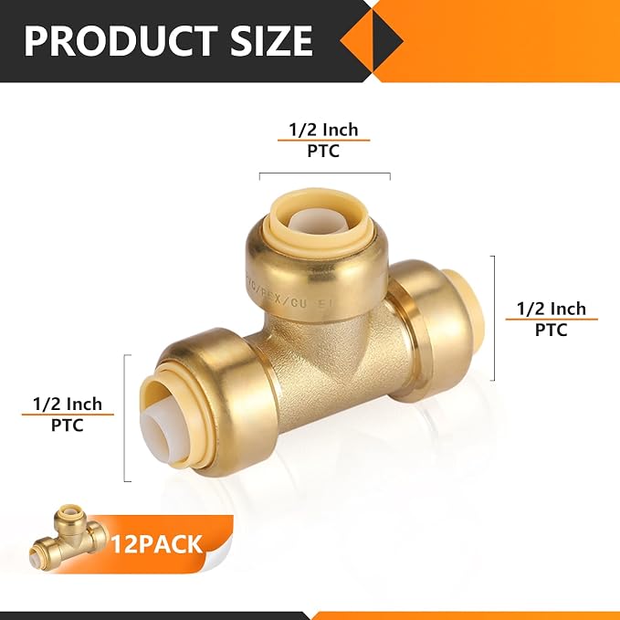 12PC HeSun 1/2" Pushfit Tee, Push to Connect Plumbing Fittings | Brass Push-fit - Image 2