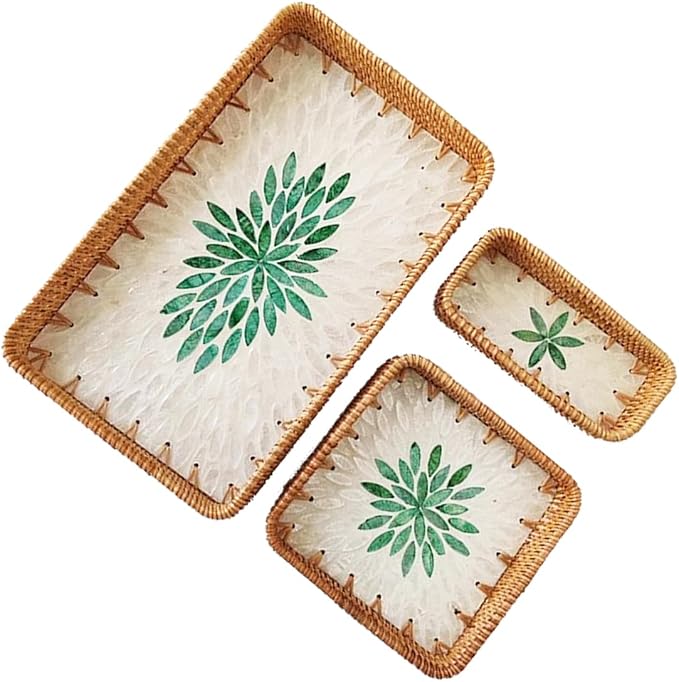 i-lan Set of 3 15" Rectangular Rattan and Mother of Pearl Serving Tray by ilan