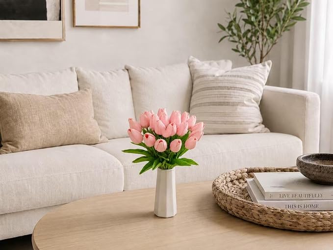 Mandy's 20pcs Artificial Light Pink Tulips | 13.5 Inch Lifelike PU Tulips Faux - Image 6