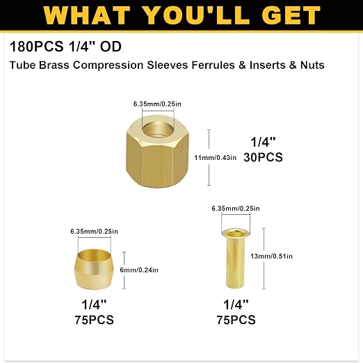Siptenk 180PCS 1/4" Brass Compression Sleeves Ferrules & Inserts & Nuts | - Image 2