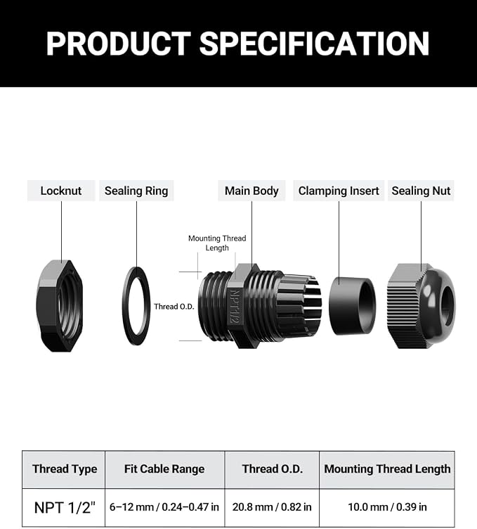 VCELINK 10 Pcs 1/2" NPT Cable Glands Nylon Waterproof, IP68 | Strain Relief - Image 2