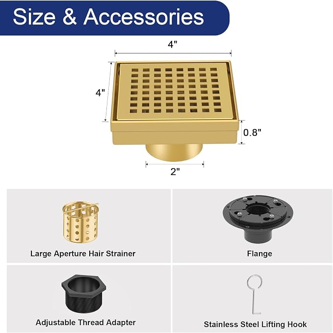 4 Inch Brushed Gold Square Shower Drain - Image 2