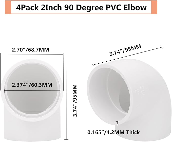 4Pack 2" 90 Degree Elbow PVC Pipe Fittings 2 Way Right Angle PVC Pipe Fitting - Image 2