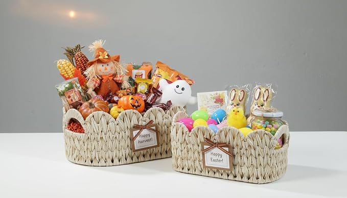 Coeusy Wicker Scalloped Basket Set of 2, Woven Storage Baskets - Image 9