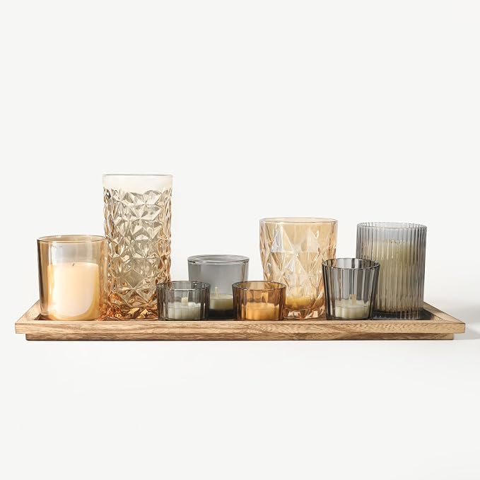 Rustic Wooden Tray with 8 Brown Glass Votive Candle Holders | Decorative Tea by SHOHAYTO