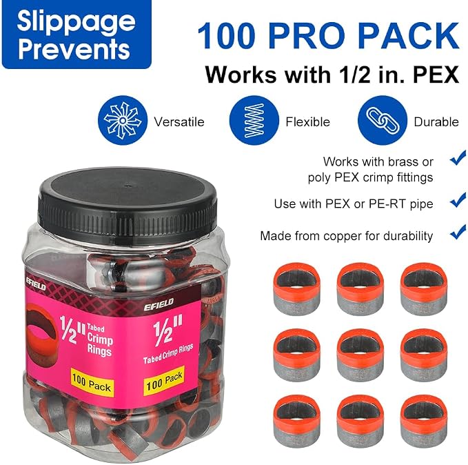 100 piece Pro EFIELD 1/2-inch Pex Copper Crimp Rings - Image 2