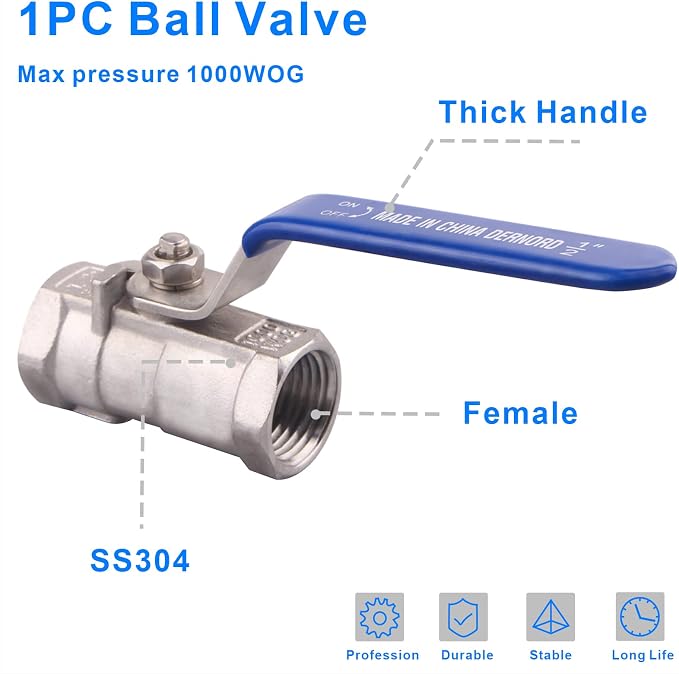 DERNORD Stainless Steel Ball Valve 1PC Type 0.5 Inch NPT Standard Port - Image 4