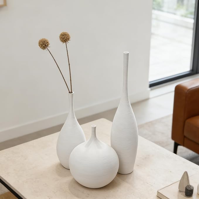 White Ceramic Vase Set of 3, Modern Boho Vases - Image 6