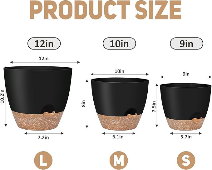 YNNICO 12" 10" 9" Large Self Watering Plant Pots, 3 Pack Flower Pots Planters - Image 2