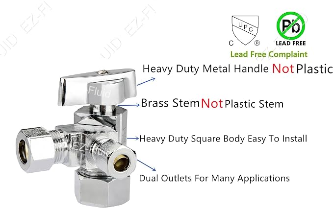 EZ-Fluid 5/8" Comp O.D X 1/4" Comp X 3/8" Comp Dual Outlets Heavy Duty Chrome - Image 3