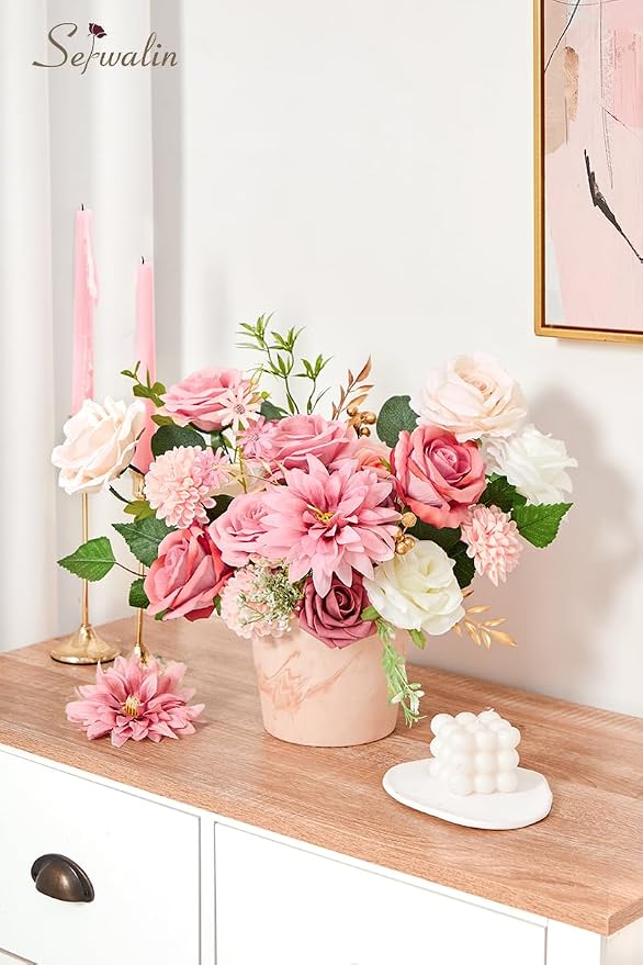 Serwalin Pink Artificial Flowers, Silk Dahlia Flowers - Image 2