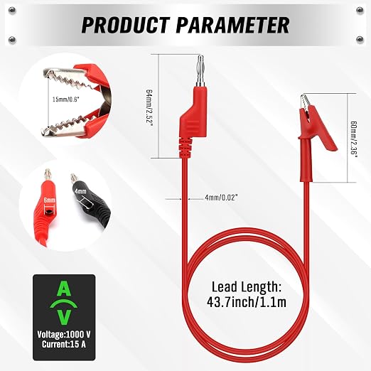 SWANLAKE 2-Piece Banana Plug to Alligator Clip Test Leads, 1000V 15A 3.5ft/1M - Image 3
