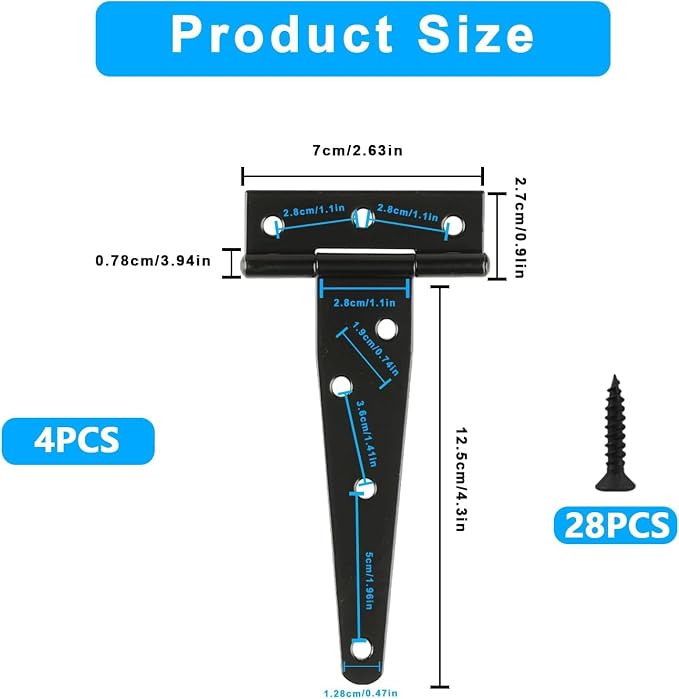 4 Pack 5 Inch T Strap Hinges Heavy Duty Black Outdoor Tee Hinge | Shed Door - Image 2