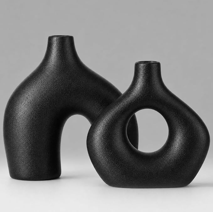 Black Ceramic Flower Vase Home Decor Set of 2, Farmhouse Table Vases Rustic - Image 8