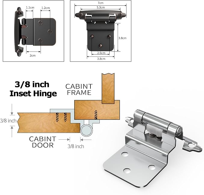 3/8 Inch Inset Cabinet Hinges, 10 Pairs Self Closing Flush Face Mount Hinges - Image 4