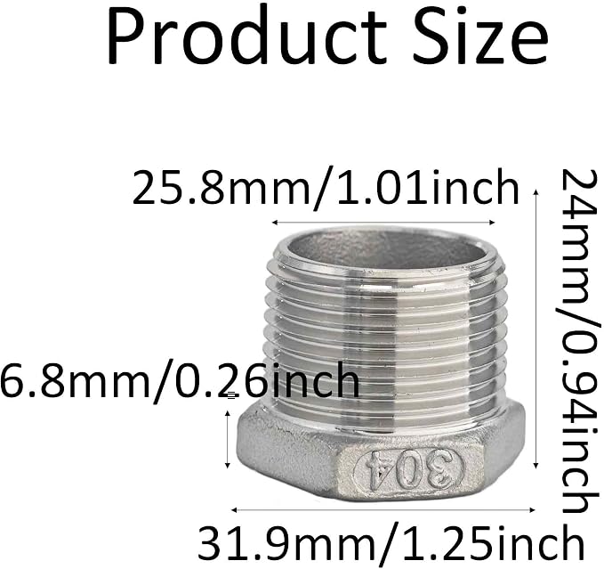 3PCS 304 Stainless Steel Reducer Hex Bushing, 3/4" NPT Male to 1/2" NPT Female - Image 2
