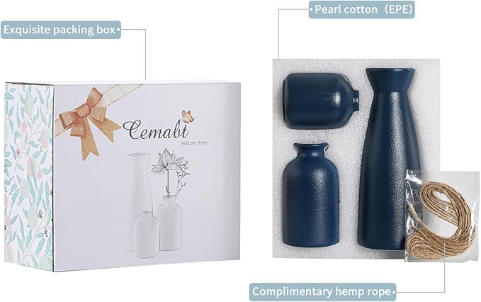 CEMABT Ceramic Blue Vases Set of 3 Small Flower Vases - Image 4