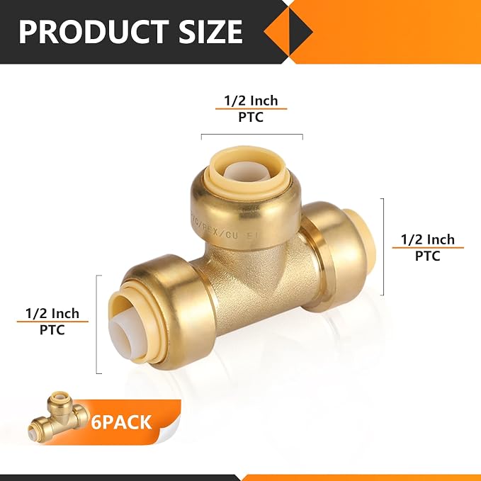 6PC HeSun 1/2" Pushfit Tee, Push to Connect Plumbing Fittings | Brass Push-fit - Image 2