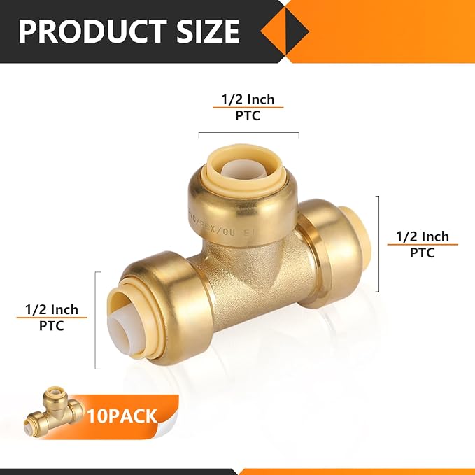 10PC HeSun 1/2" Pushfit Tee, Push to Connect Plumbing Fittings | Brass Push-fit - Image 2