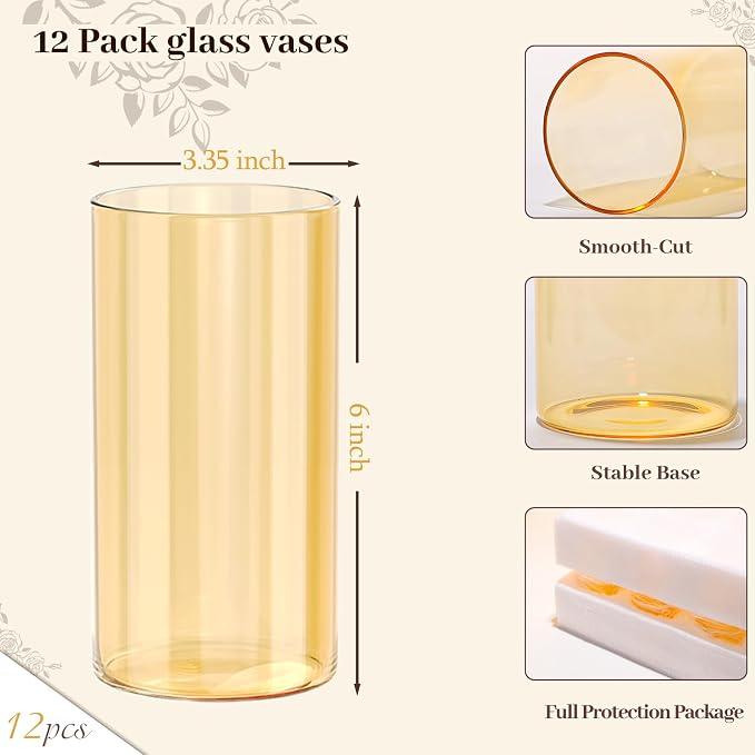 12pcs 6 Inch Gold Amber Glass Cylinder Vases - Image 3