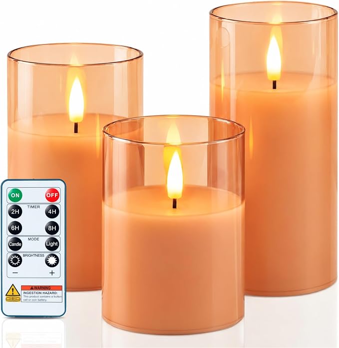 Homemory Orange Glass Flameless Candles, Fall Decor, Remote Timer, 3 Pack | by Homemory