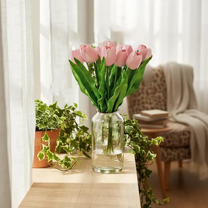 Mandy's 6pcs Artificial Light Pink Tulips | 17.7 Inch Lifelike PU Tulips Faux - Image 3