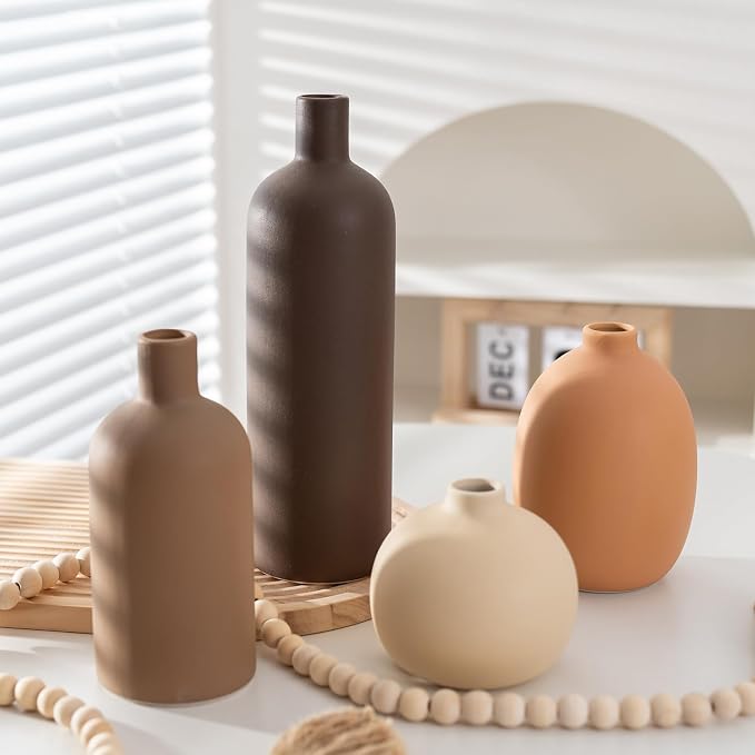 Neutral Ceramic Vase Set of 4, Modern Colors Home Decor, Rustic Farmhouse - Image 3
