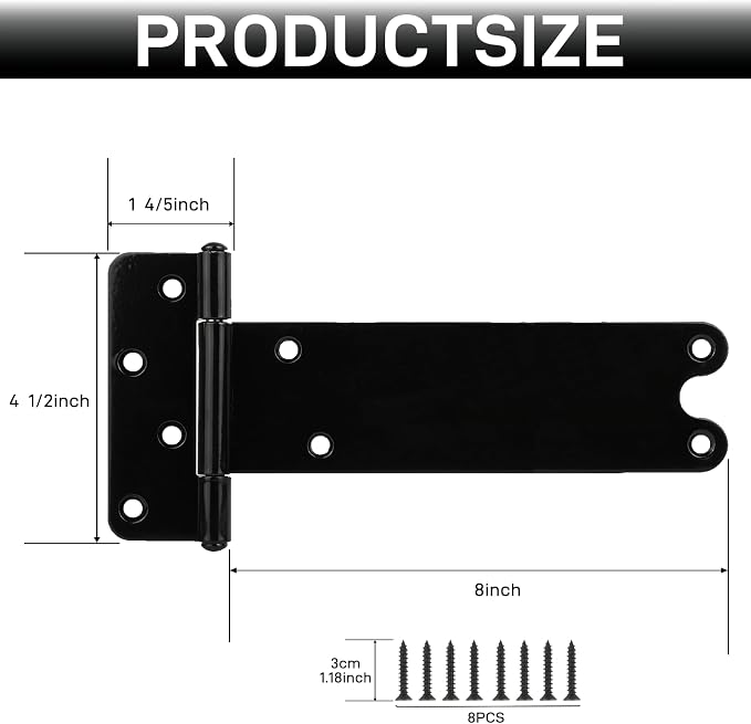 2 Pack 8” Heavy Duty Gate Hinges, 300 Lbs Capacity Black Door Hinges | T Gate - Image 2