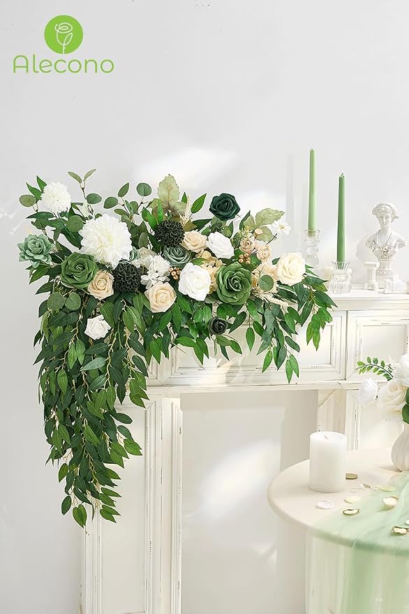 Alecono Green Pink Artificial Flowers, Silk Fake Roses Floral Set | - Image 6