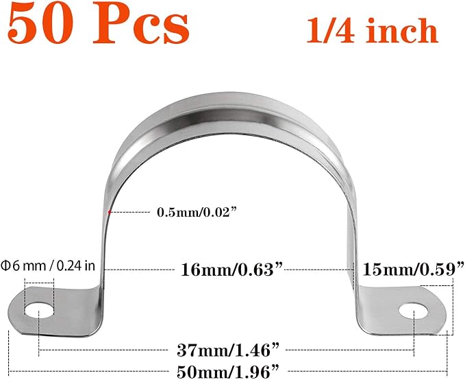 SDY 50 Pcs 1/4" Stainless Steel Pipe Strap, Two Hole, U Bracket, Heavy Duty - Image 2