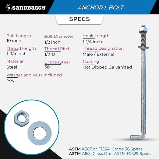 Sandbaggy 1/2" X 10" Threaded Concrete Anchor L-Bolts - Image 2