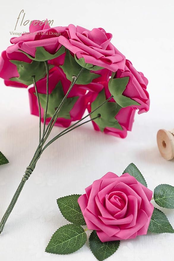 Artificial Flowers 25pcs Real Looking Hot Pink Foam Fake Roses - Image 6