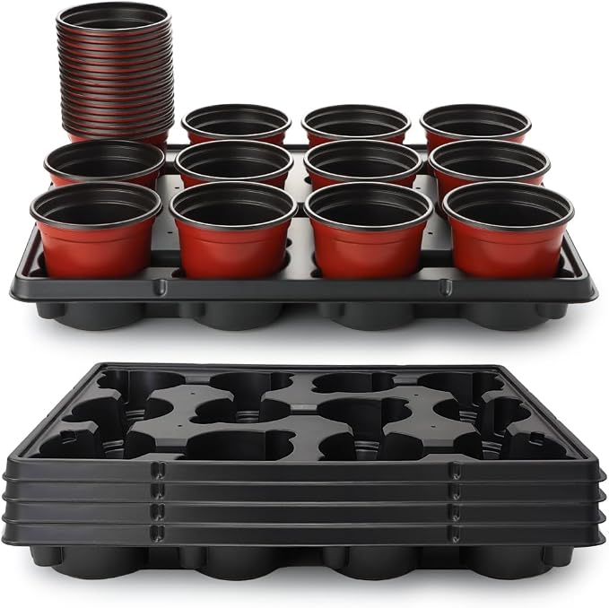 RooTrimmer 4 inch Round Nursery Pots 60pcs, 12 Cell Nursery Pots Trays 5 Pcs by RooTrimmer