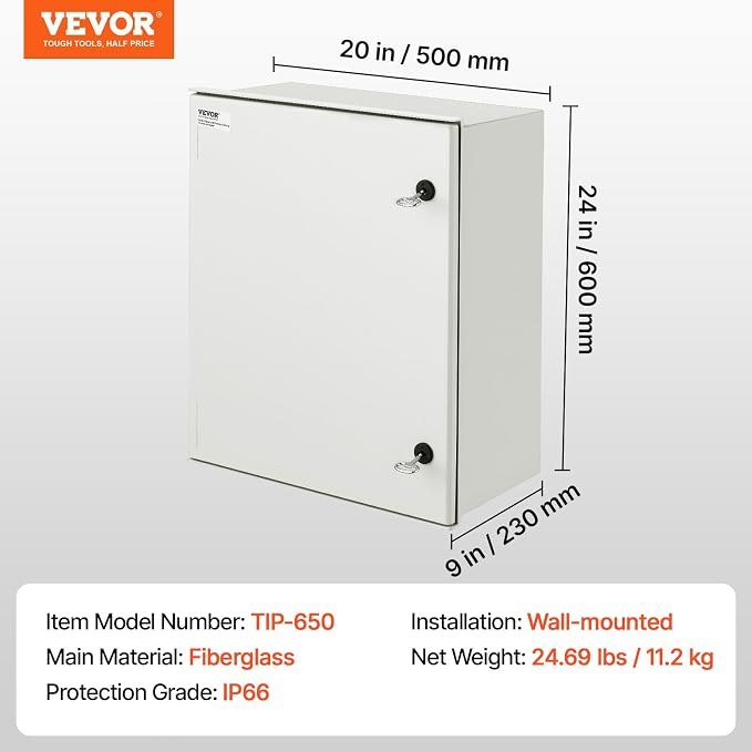 VEVOR Electrical Enclosure Box, 23.6''×19.7''×9.1'', Fiberglass Junction Box - Image 7